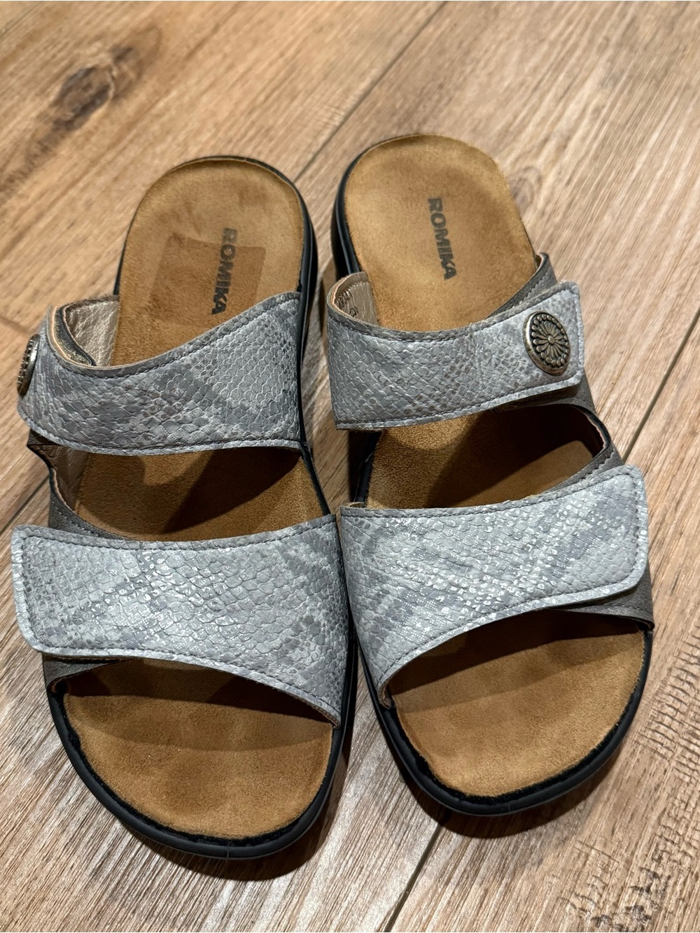 Romika Gray Snake-Texture Double-Strap Slide Sandals